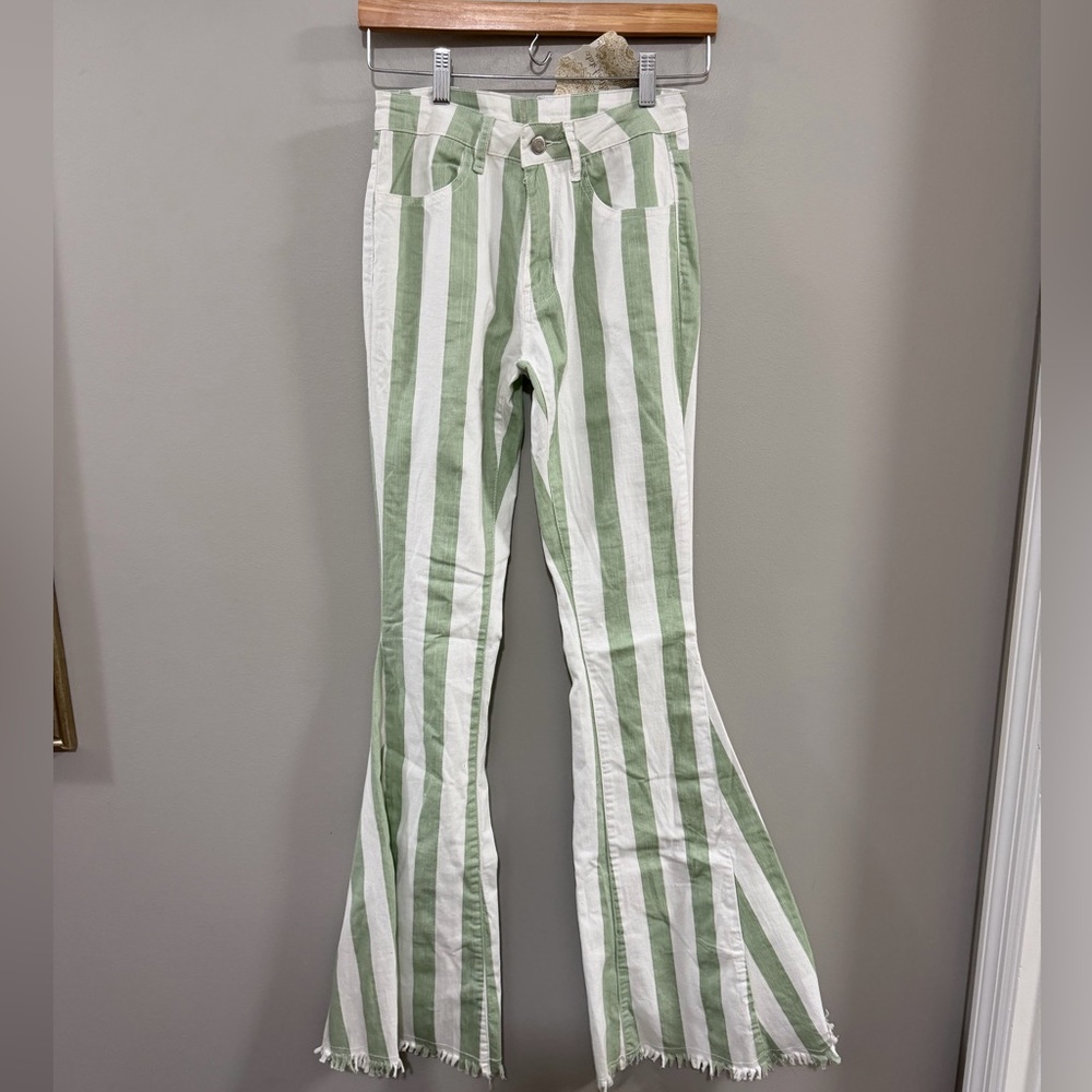 Altar'd State Saints & Hearts Ivory/Seafoam High Rise Striped Bell Bottom Jeans